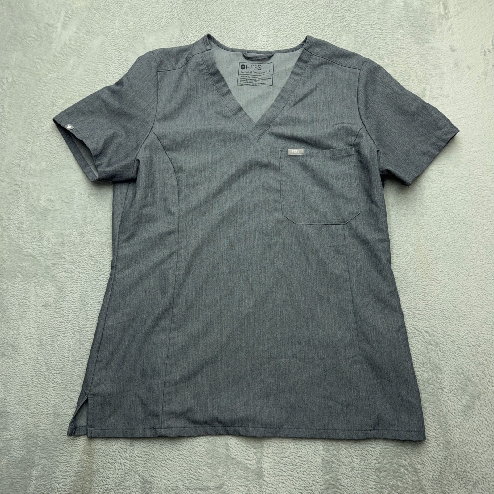Figs Scrub Top Womens L Gray V-Neck One Pocket Technical Collection Heather